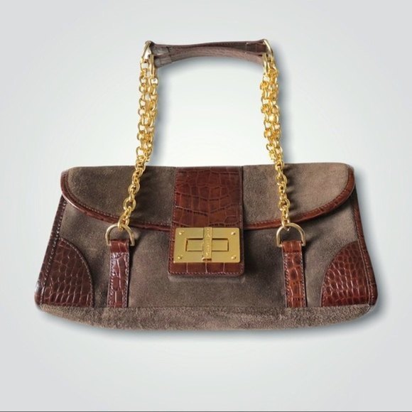 RALPH Lauren Bag Y2K Baguette Shoulder Genuine Suede and Croc Embossed Leather - Picture 2 of 12